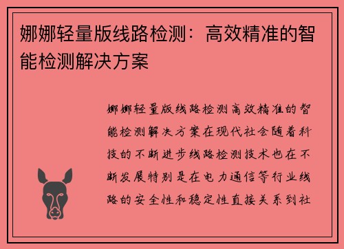 娜娜轻量版线路检测：高效精准的智能检测解决方案